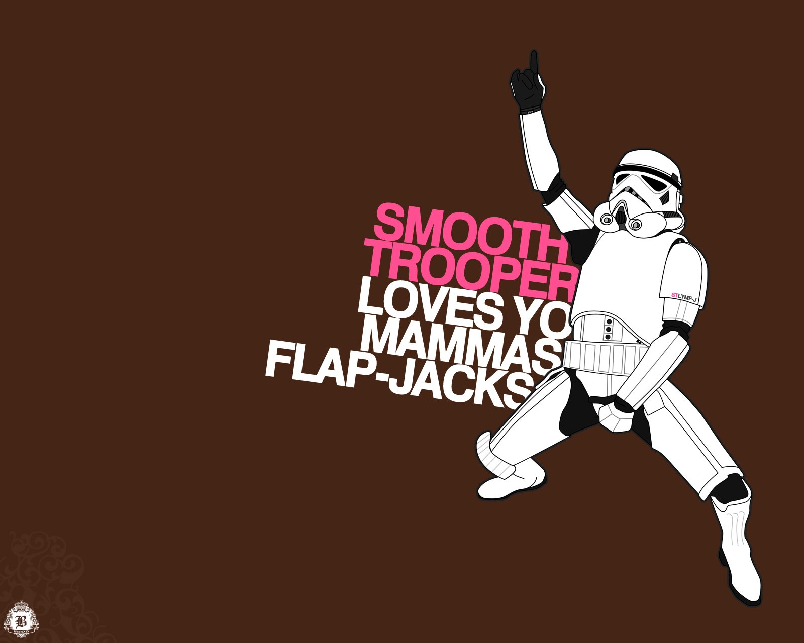 A humorous HD wallpaper featuring a stormtrooper dancing with the text Smooth Trooper loves you mammas flap-jacks, blending Star Wars charm with playful fun.