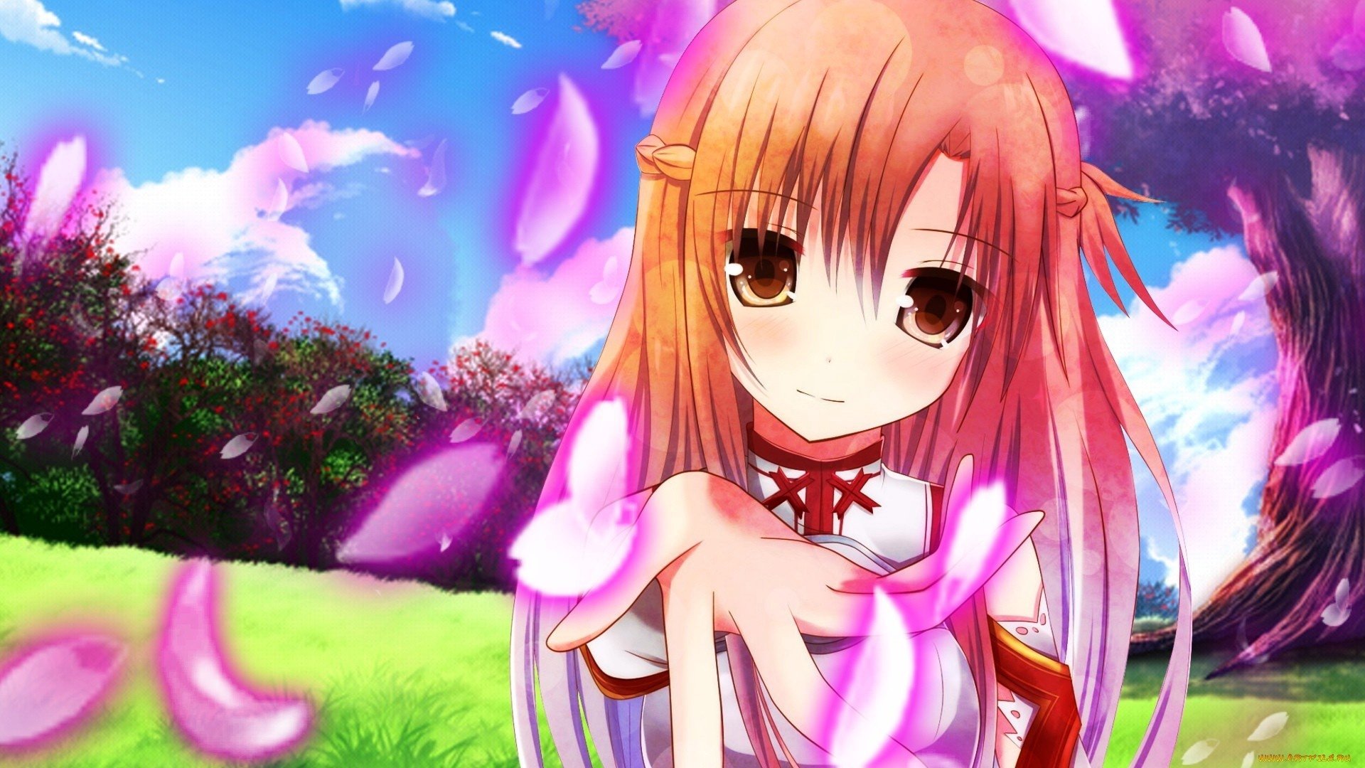 Asuna Yuuki from Sword Art Online stands amidst vibrant petals in this colorful HD anime wallpaper, surrounded by a beautiful landscape and bright blue skies.