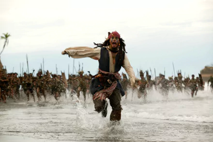 HD desktop wallpaper featuring Johnny Depp as Jack Sparrow running away from a group in a scene from the movie Pirates of the Caribbean: Dead Man's Chest.