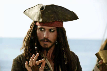 Jack Sparrow, portrayed by Johnny Depp, in a scene from Pirates of the Caribbean: Dead Man's Chest. The HD wallpaper captures the iconic pirate in a dramatic pose against a watery backdrop.
