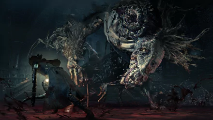 A dark and atmospheric HD wallpaper featuring a character from Bloodborne facing a grotesque monster, set in a hauntingly detailed environment.