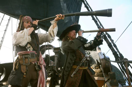 Jack Sparrow and Hector Barbossa peer through telescopes from the deck of a ship in a scene from Pirates of the Caribbean: At World's End. HD desktop wallpaper capturing their adventurous spirit.