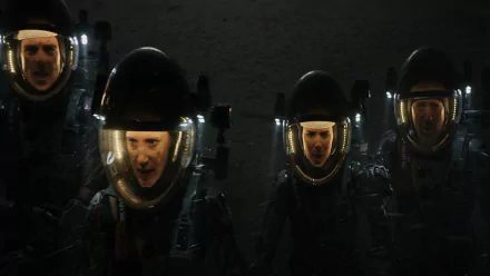 HD PC desktop wallpaper: four helmeted astronauts in dim, dusty terrain — a movie scene from The Martian.