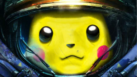 A high-definition desktop wallpaper featuring Pikachu from the Pokémon video game series, depicted in a close-up, wearing a futuristic helmet.