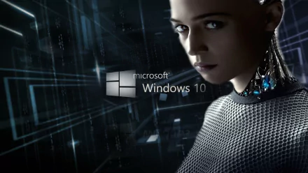 HD desktop wallpaper featuring Windows 10 logo with a futuristic theme, showcasing a high-tech background and an android-like figure gazing forward. Keywords: technology, Windows 10.