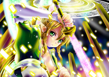 HD desktop wallpaper featuring Leafa, also known as Suguha Kirigaya, from Sword Art Online. The anime character is poised with a glowing sword, surrounded by vibrant colors and light effects.