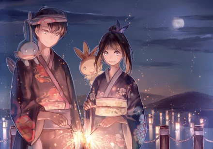 Brendan and May from Pokémon, accompanied by Mudkip and Torchic, enjoy a serene night scene in traditional attire, celebrating Pokémon: Omega Ruby and Alpha Sapphire.