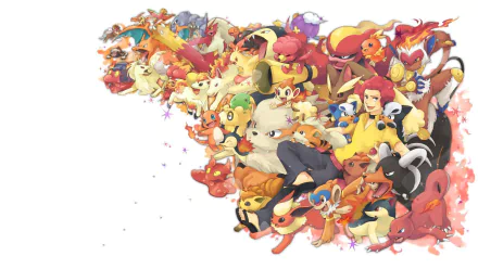 HD PC desktop wallpaper featuring a vibrant collage of Fire-type Pokémon and characters from the video game Pokémon: Diamond and Pearl.