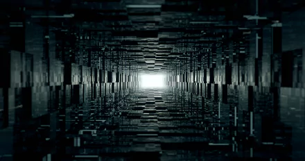 Abstract HD wallpaper featuring a tunnel of geometric shapes with a glowing light at the end, set against a dark background.