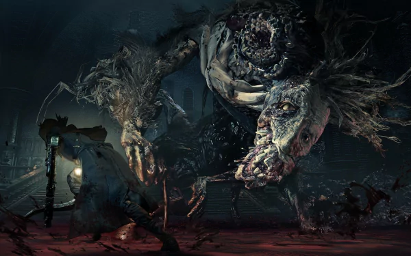 A dark and atmospheric HD wallpaper featuring a character from Bloodborne facing a grotesque monster, set in a hauntingly detailed environment.