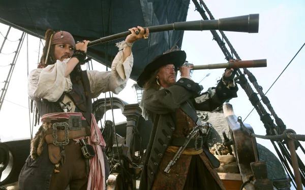 Jack Sparrow and Hector Barbossa peer through telescopes from the deck of a ship in a scene from Pirates of the Caribbean: At World's End. HD desktop wallpaper capturing their adventurous spirit.