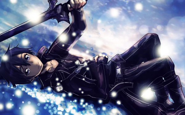 An HD wallpaper featuring Kirito from Sword Art Online, showcasing his blue hair and eyes as he poses with the Night Sky Sword amidst a shimmering, magical backdrop.