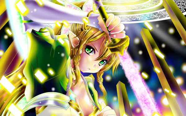 HD desktop wallpaper featuring Leafa, also known as Suguha Kirigaya, from Sword Art Online. The anime character is poised with a glowing sword, surrounded by vibrant colors and light effects.