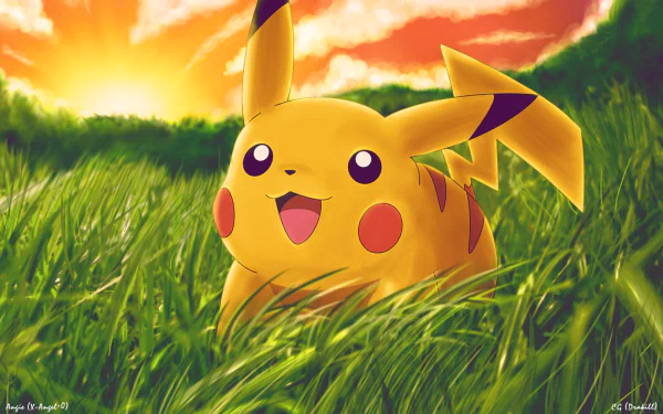 HD wallpaper featuring Pikachu from Pokémon cheerfully sitting in lush green grass against a vibrant sunset, capturing a cute anime style.
