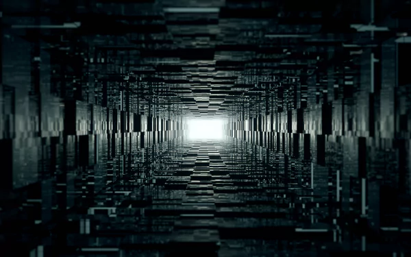 Abstract HD wallpaper featuring a tunnel of geometric shapes with a glowing light at the end, set against a dark background.