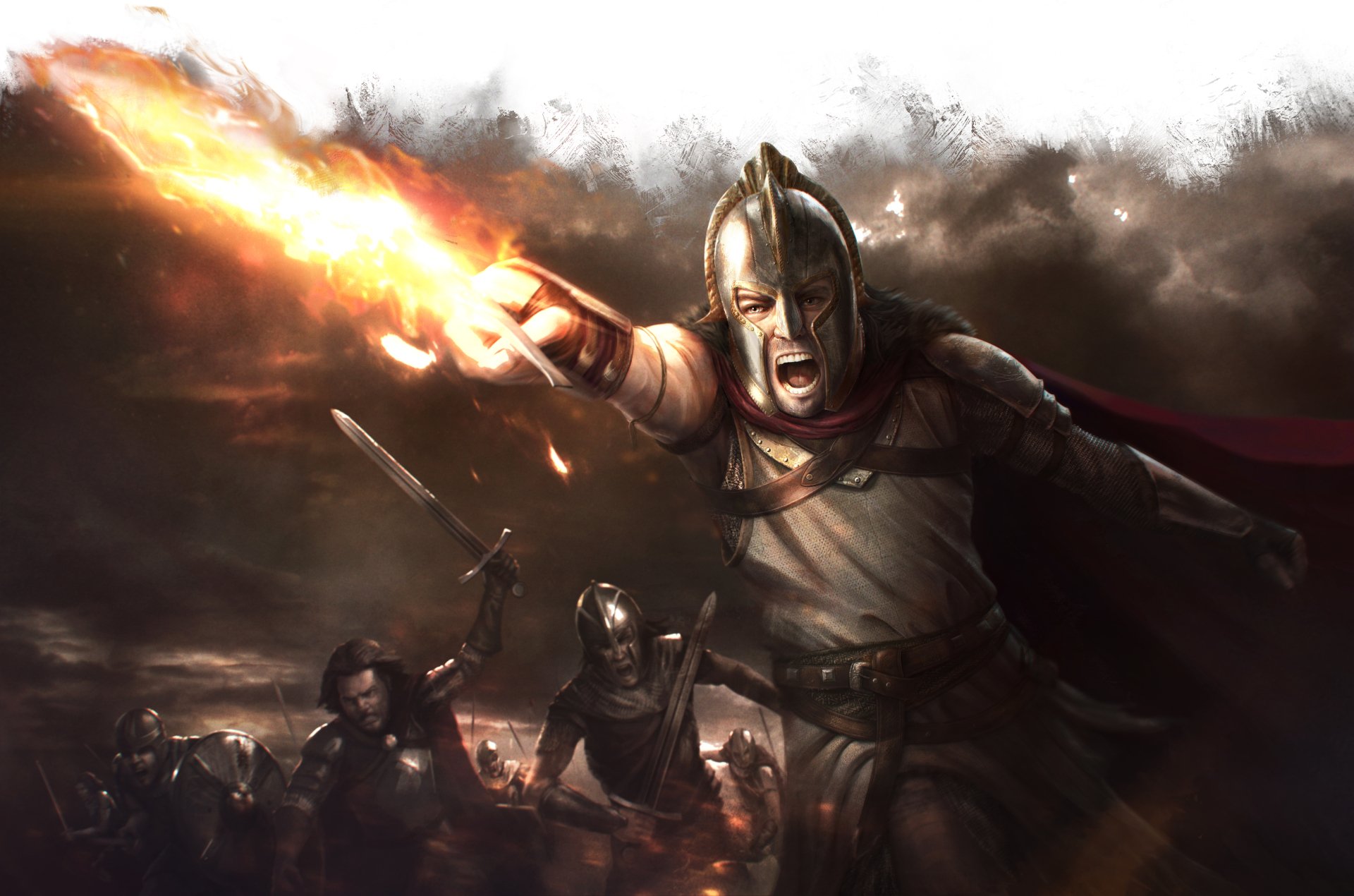 4K Ultra HD PC wallpaper — A Song of Ice and Fire fantasy: armored knight unleashes a fiery blast, leading soldiers across a smoky, war-torn battlefield.