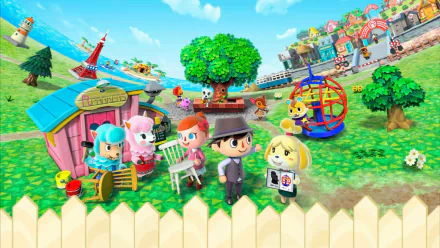 HD PC desktop wallpaper featuring colorful characters and scenery from the video game Animal Crossing: New Leaf in a vibrant outdoor village setting.