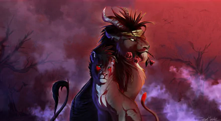 Fantasy HD PC desktop wallpaper of two regal lions—one dark with a glowing red eye, the other golden wearing an ornate headdress—set against a smoky red-purple sky.