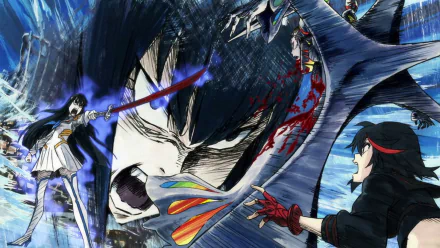 Satsuki Kiryūin (Kill La Kill) in an intense anime clash, blades and blood cutting through dynamic blue strokes — HD PC desktop wallpaper background.