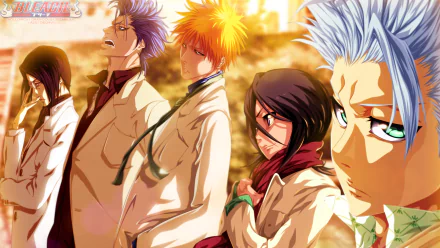 High-definition wallpaper featuring characters Uryu Ishida, Grimmjow Jaegerjaquez, Tōshirō Hitsugaya, Ichigo Kurosaki, and Rukia Kuchiki from the anime Bleach.