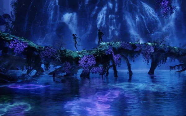 A vibrant scene from the movie Avatar, featuring two characters walking on a glowing bridge adorned with lush flora, set against a fantastical, bioluminescent landscape.