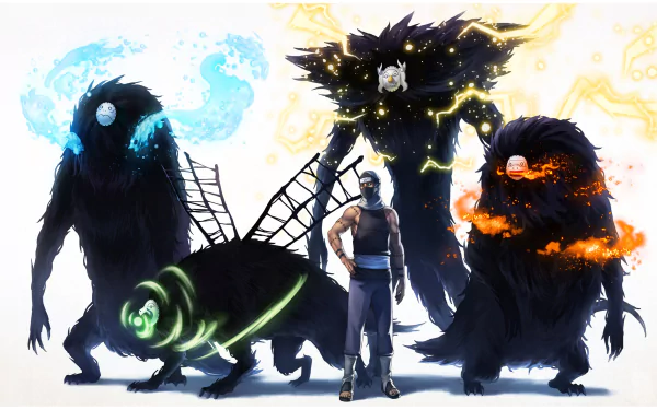 A striking HD desktop wallpaper featuring Kakuzu from Naruto, surrounded by four powerful elemental masks, each radiating different energies, embodying his unique abilities.