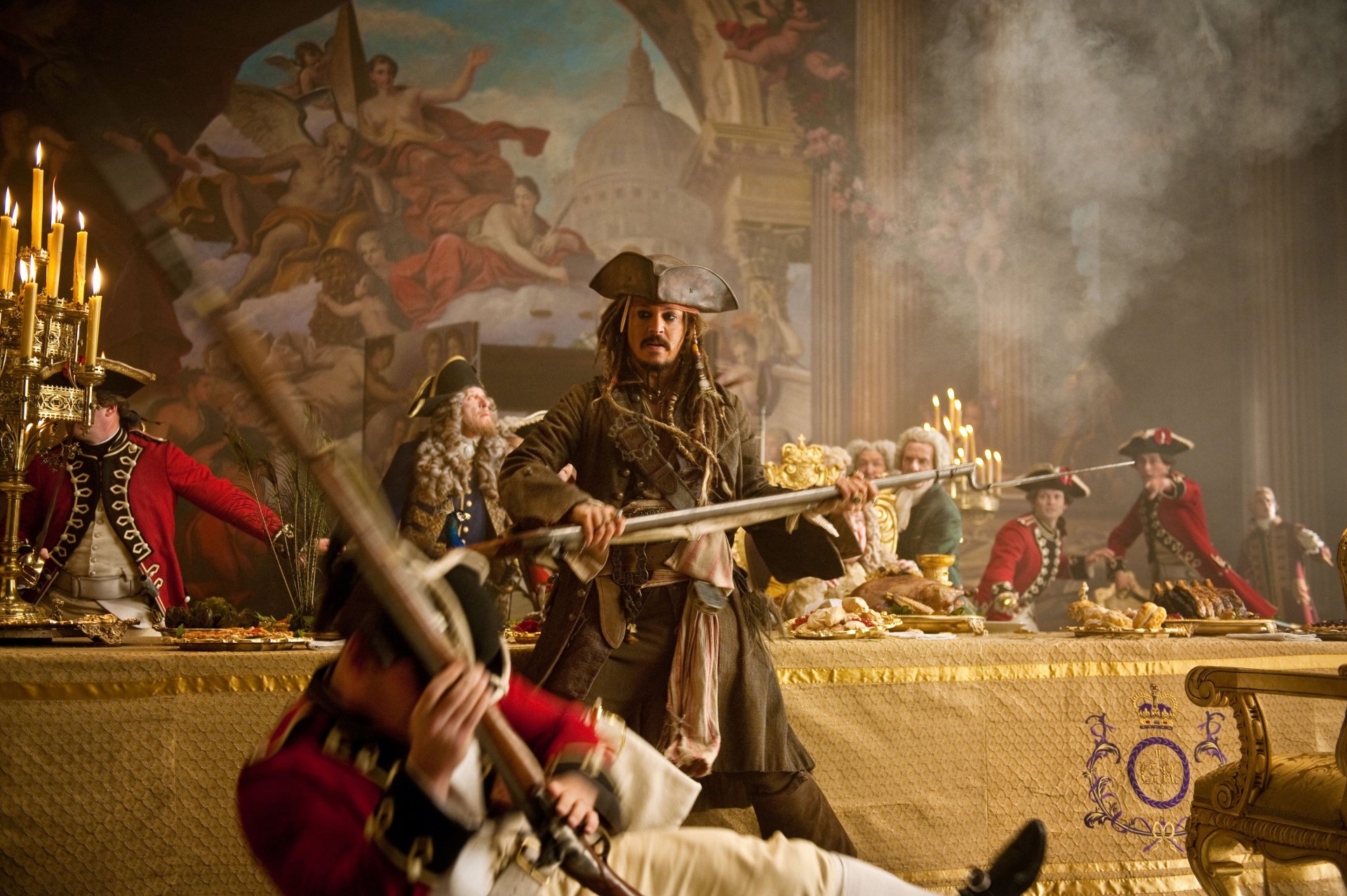4K Ultra HD wallpaper featuring Johnny Depp as Jack Sparrow and Geoffrey Rush as Hector Barbossa in a dramatic Pirates of the Caribbean: On Stranger Tides scene.