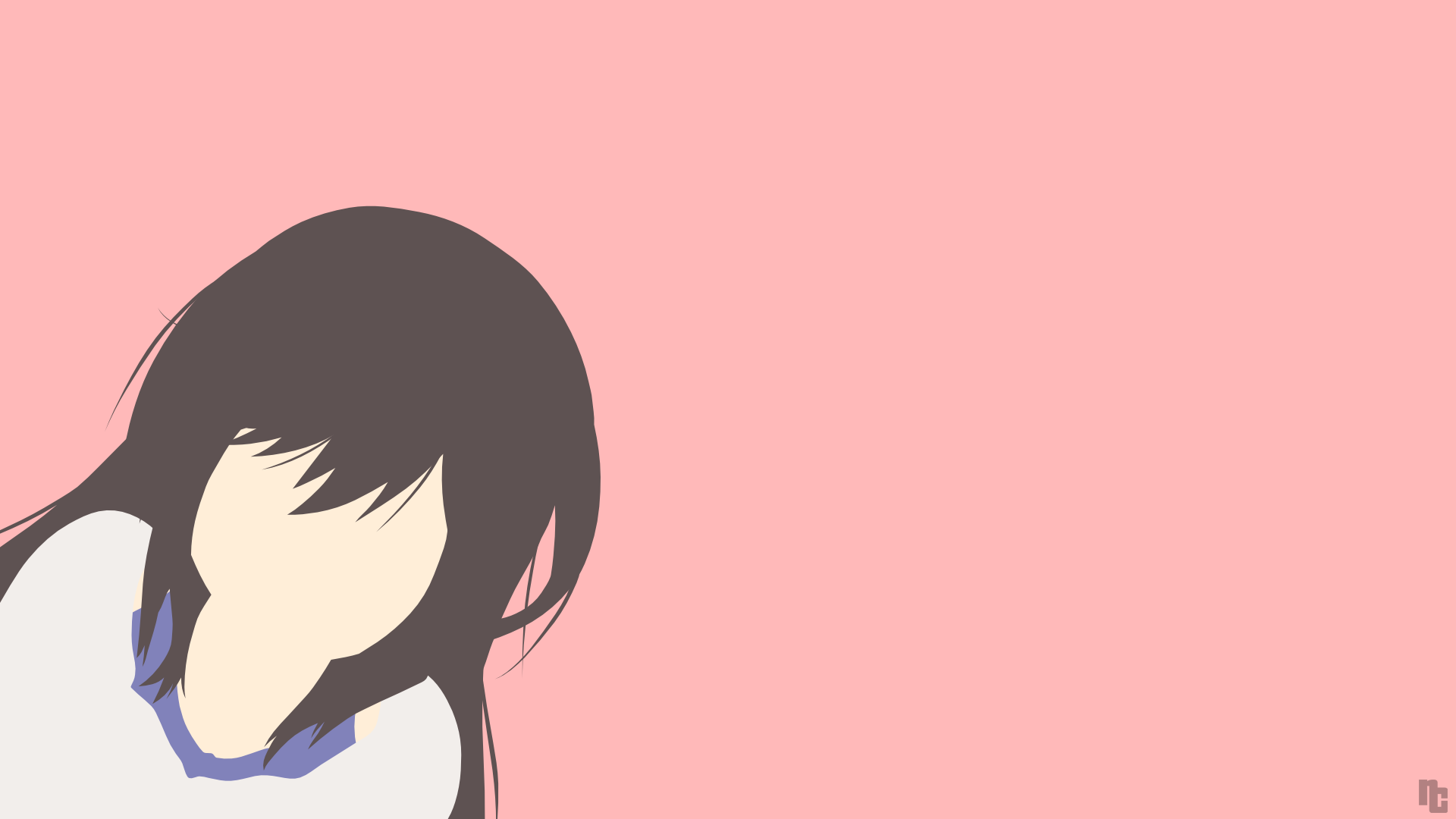 A minimalist HD wallpaper featuring Hotaru Ichijou from Non Non Biyori, showcasing her long brown hair against a soft pink background.