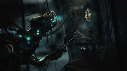 A captivating HD wallpaper from the video game SOMA, featuring a mysterious robotic figure reaching towards a human reflection amid a dark, atmospheric backdrop.