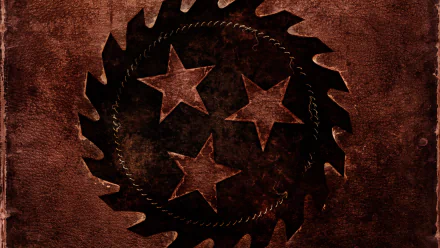 HD PC desktop wallpaper: rust-red textured background with a circular saw-blade emblem encircling three stars, music-themed Whitechapel artwork.