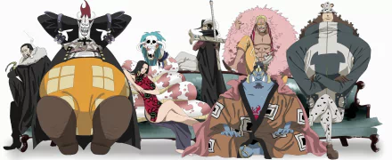 HD desktop wallpaper featuring the Shichibukai from One Piece, including characters like Bartholomew Kuma, Jinbe, Dracule Mihawk, Donquixote Doflamingo, Boa Hancock, Gekko Moriah, and Crocodile.