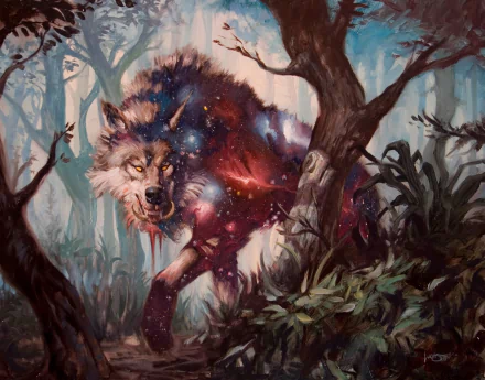 HD PC desktop wallpaper featuring Nyxborn Wolf from Magic: The Gathering, depicted in a mystical forest with a cosmic and ethereal glow surrounding the wolf.