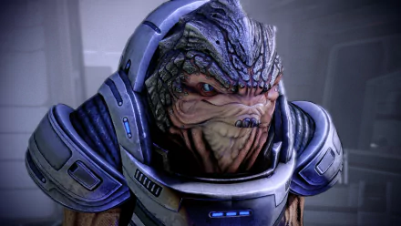 A detailed HD desktop wallpaper featuring Grunt from the Mass Effect video game series, showcasing his distinctive armored appearance and fierce expression.