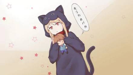 HD desktop wallpaper featuring Mashiro Shiina from Sakurasou no Pet na Kanojo in a cat costume holding a plush toy, with a soft background decorated with star patterns.