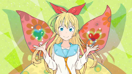 HD anime desktop wallpaper featuring Chitoge Kirisaki from Nisekoi with vibrant butterfly wings and a bright, colorful background.