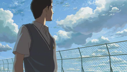 A serene HD wallpaper from The Garden of Words, featuring a young man gazing at a beautiful sky, framed by a fence, evoking a sense of tranquility and reflection.