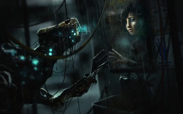 A captivating HD wallpaper from the video game SOMA, featuring a mysterious robotic figure reaching towards a human reflection amid a dark, atmospheric backdrop.