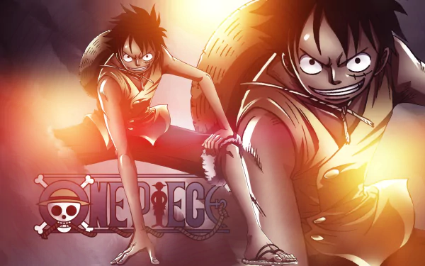 HD desktop wallpaper featuring Monkey D. Luffy from the anime One Piece. The image shows Luffy in action poses with intense lighting effects and the One Piece logo in the background.
