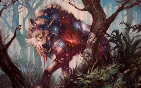 HD PC desktop wallpaper featuring Nyxborn Wolf from Magic: The Gathering, depicted in a mystical forest with a cosmic and ethereal glow surrounding the wolf.