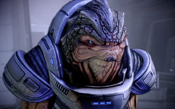 A detailed HD desktop wallpaper featuring Grunt from the Mass Effect video game series, showcasing his distinctive armored appearance and fierce expression.