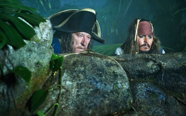 Geoffrey Rush as Hector Barbossa and Johnny Depp as Jack Sparrow from Pirates of the Caribbean: On Stranger Tides, captured in a detailed 4K Ultra HD desktop wallpaper.