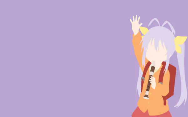 A minimalist anime wallpaper featuring Renge Miyauchi from Non Non Biyori, with twintails and grey long hair, holding a flute against a soft purple background.