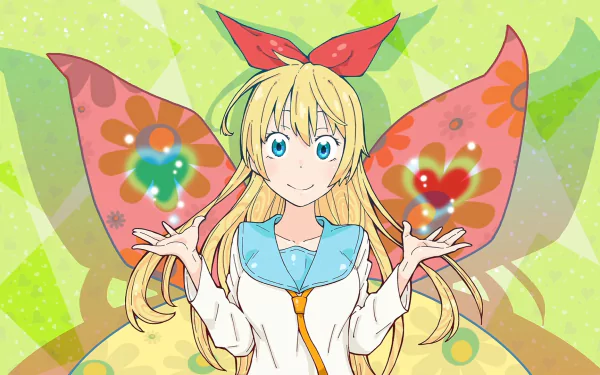 HD anime desktop wallpaper featuring Chitoge Kirisaki from Nisekoi with vibrant butterfly wings and a bright, colorful background.