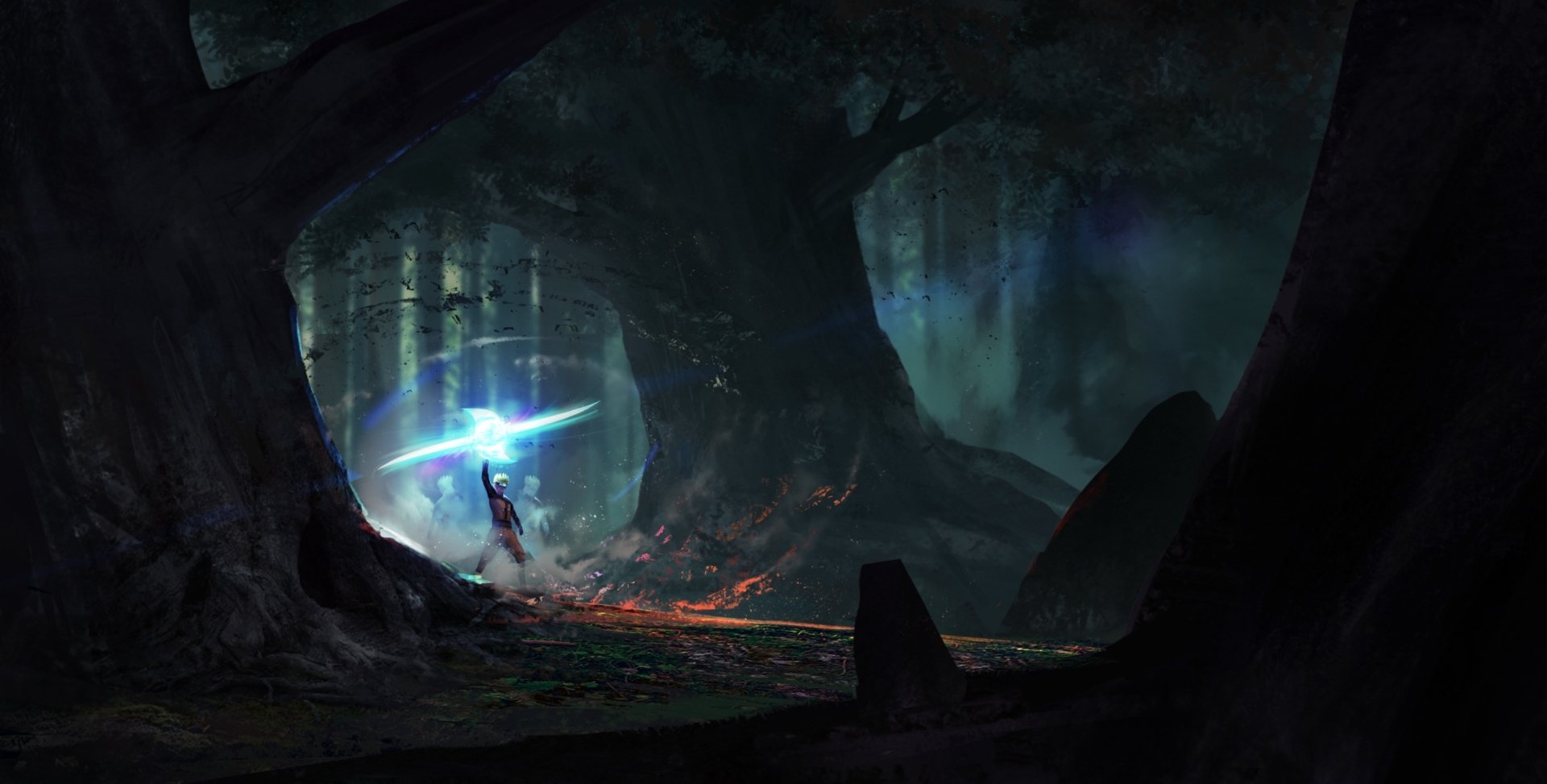 HD desktop wallpaper featuring Naruto Uzumaki from the anime Naruto, depicted in a dark, mysterious forest with a bright energy orb illuminating the surroundings.