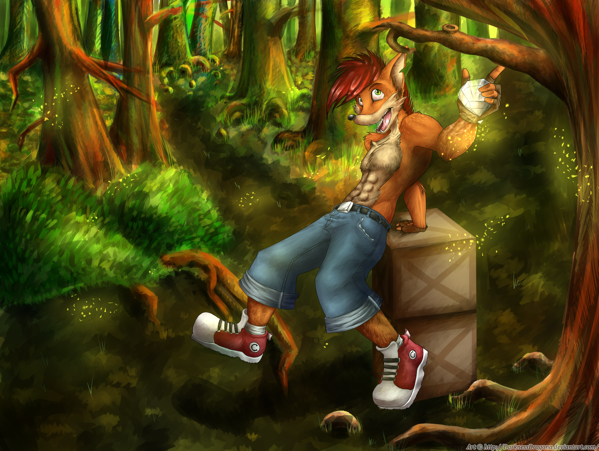 Crash Bandicoot lounging on a crate in a glowing jungle, muscular and grinning, wearing jeans and sneakers — vibrant 2K Quad HD PC desktop wallpaper from the Crash Bandicoot video game.