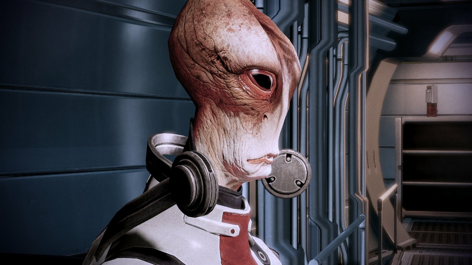 HD desktop wallpaper featuring Mordin Solus from Mass Effect 2, posed in profile against a ship's interior.