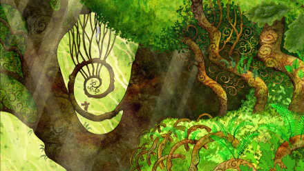 HD desktop wallpaper featuring an artistic scene from The Secret of Kells with stylized trees and Celtic patterns.