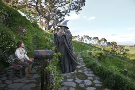Ian McKellen as Gandalf speaks to a hobbit in a lush, green setting from The Hobbit: An Unexpected Journey, creating a captivating HD wallpaper backdrop.