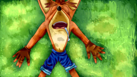 Crash Bandicoot, the iconic video game character, sprawls on a lush green background in this vibrant HD PC desktop wallpaper, showcasing his playful and adventurous spirit.
