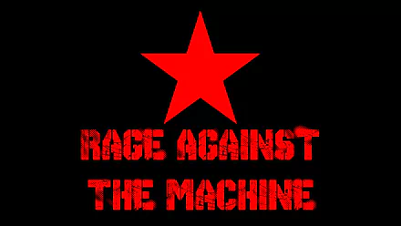 A bold HD desktop wallpaper featuring the iconic red star and the text RAGE AGAINST THE MACHINE in striking red lettering on a black background.